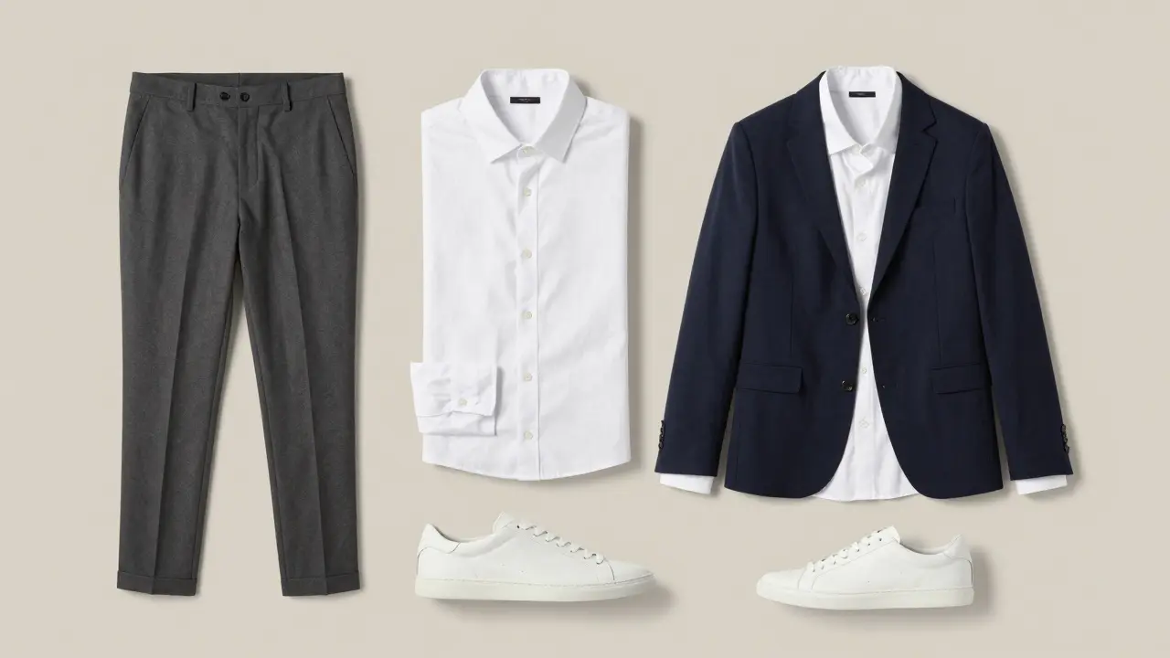 Flat lay of business casual essentials including blazers, trousers, shirts, and leather sneakers.