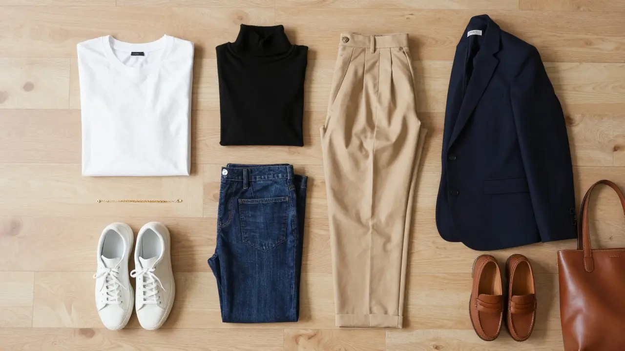 Flat lay of minimalist capsule wardrobe with neutral clothes and shoes