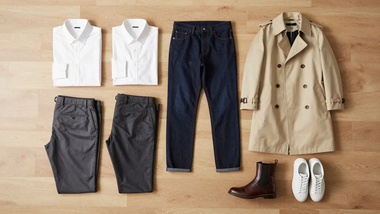 Flat lay of neutral men's capsule wardrobe clothes on wood