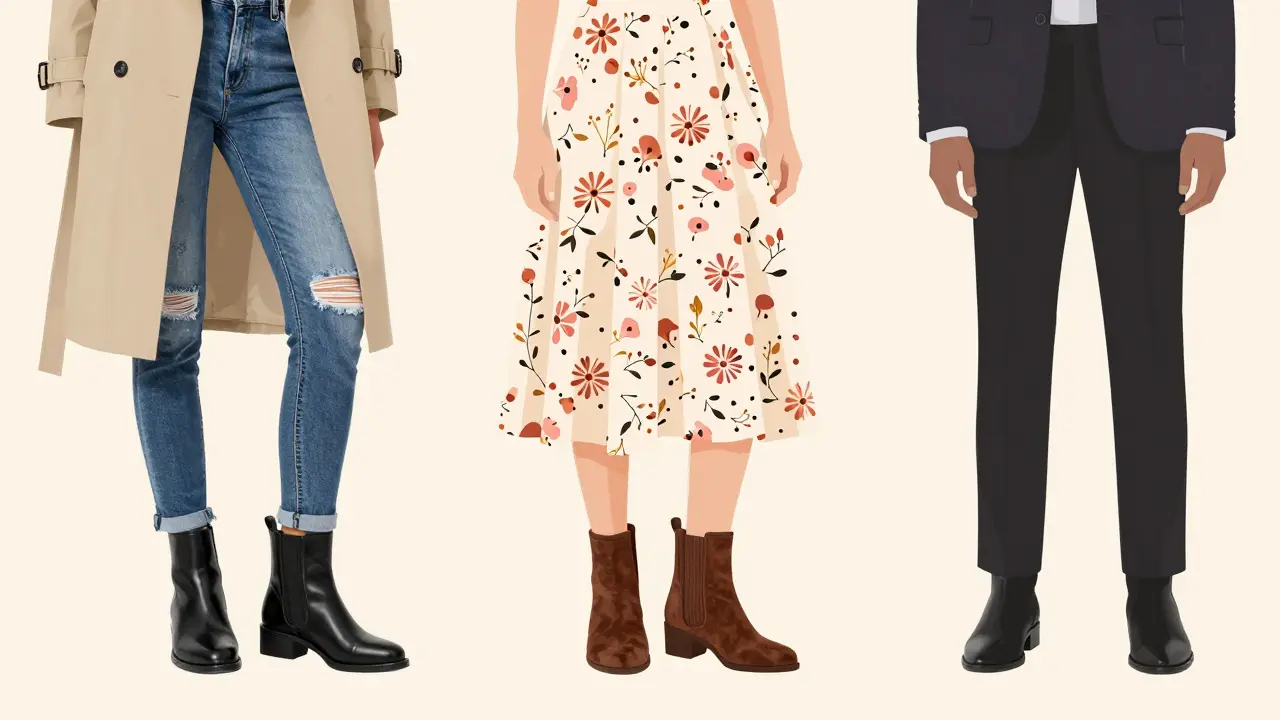 Flat lay of sock boots styled with skirts, jeans, and suits
