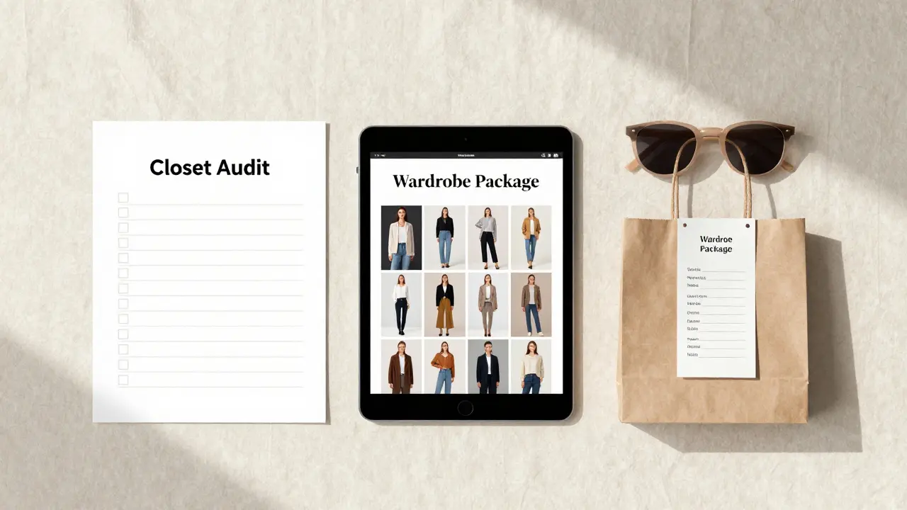 Flat lay of styling package items including checklist and mood board