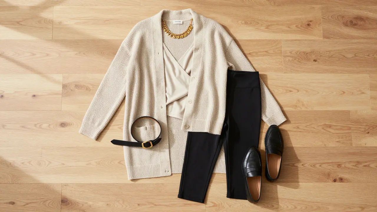Flat lay of versatile nursing-friendly outfit with accessories