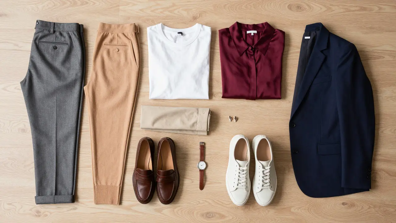 Flat lay of versatile teacher wardrobe essentials including trousers, tops, and shoes.