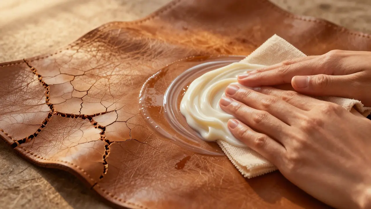 Hand applying conditioner to restore leather shine