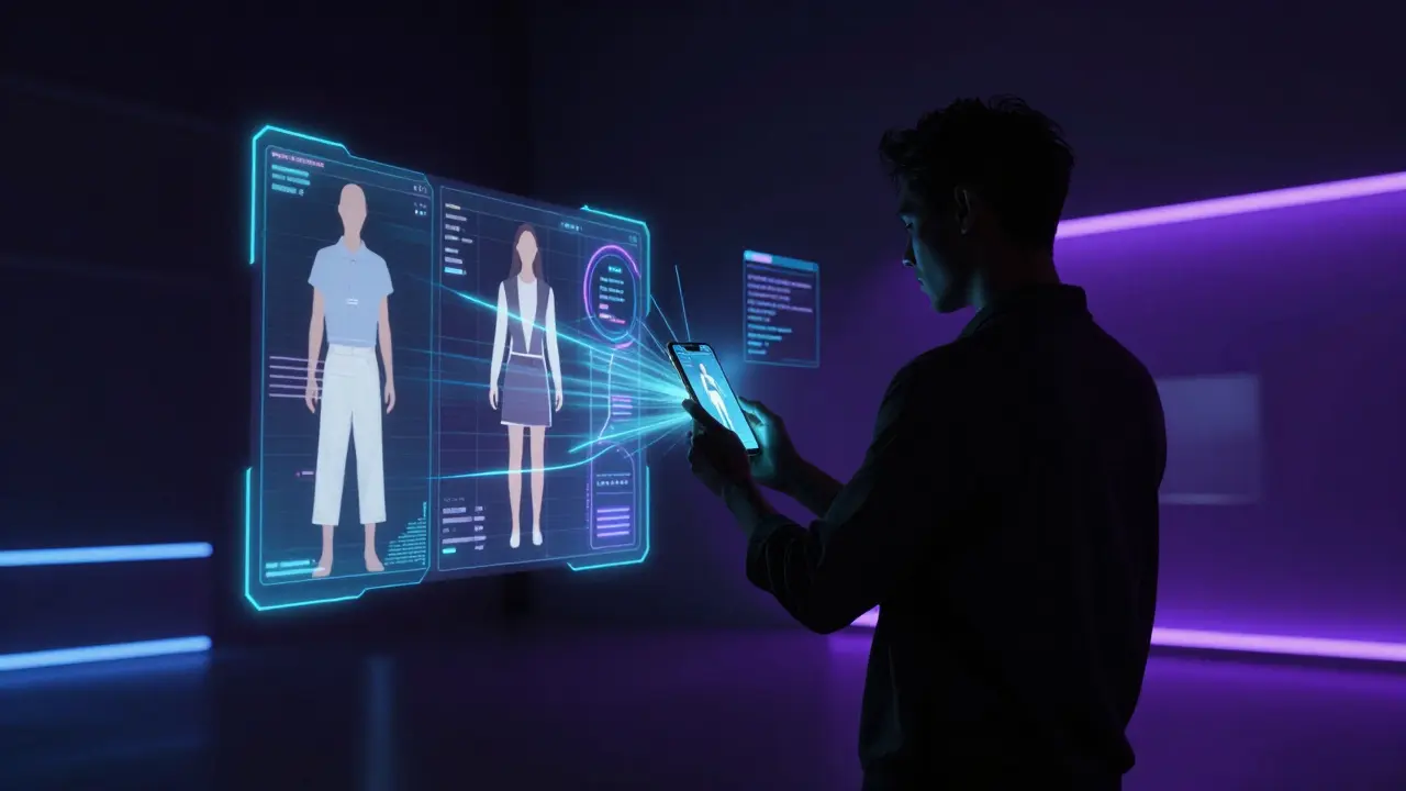 Holographic AR clothing overlays on a person via smartphone technology.
