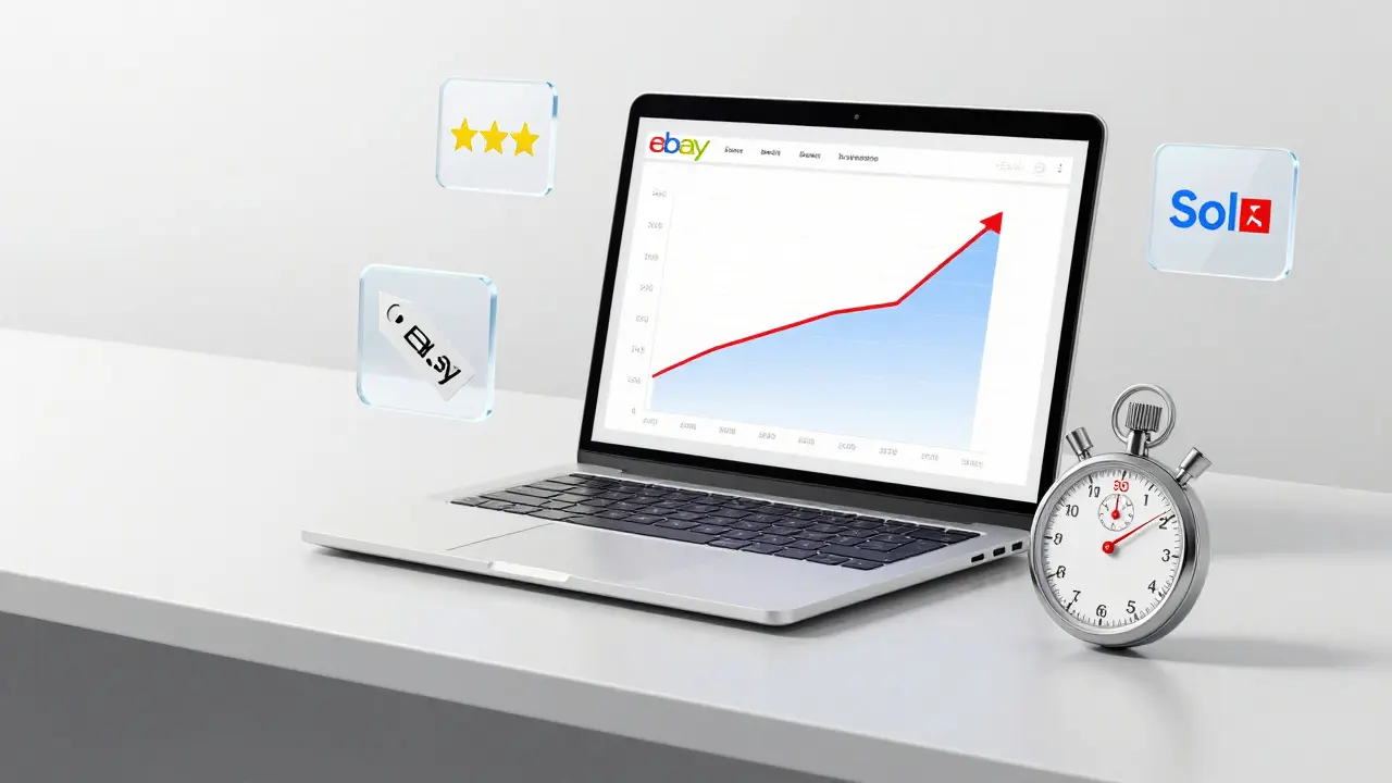 Laptop displaying eBay bidding graph with stopwatch symbolizing sniping strategy