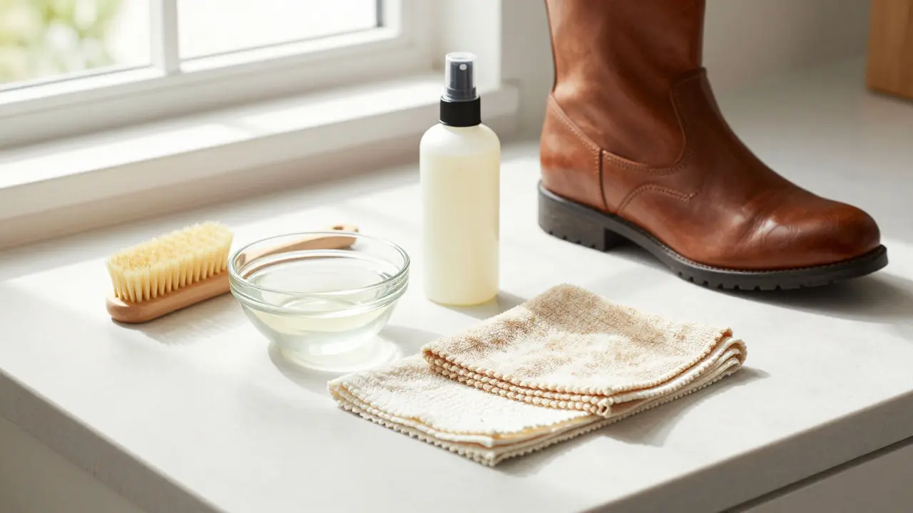 Leather cleaning supplies including brush and vinegar