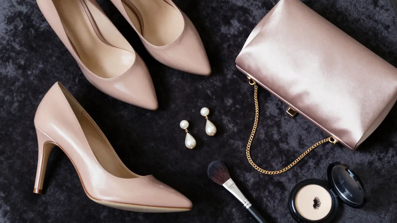 Luxury accessories including stilettos, pearls, and a clutch