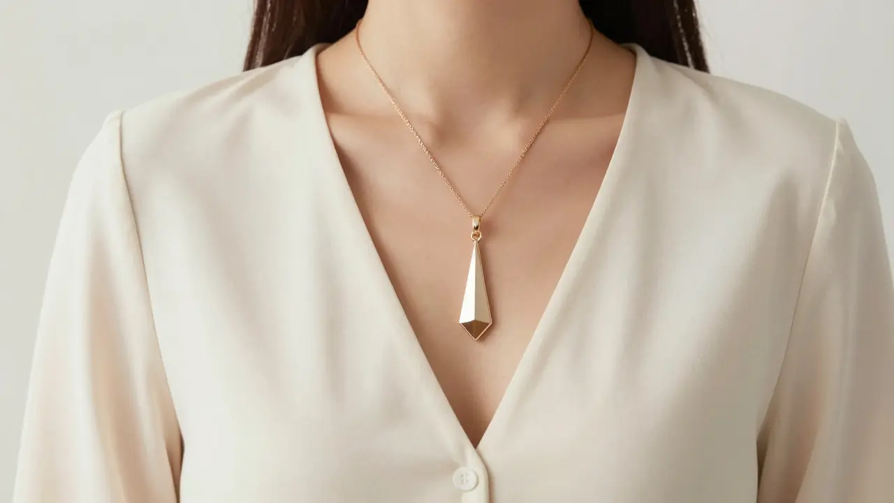 Matinee length necklace elongating torso on curvy woman in V-neck