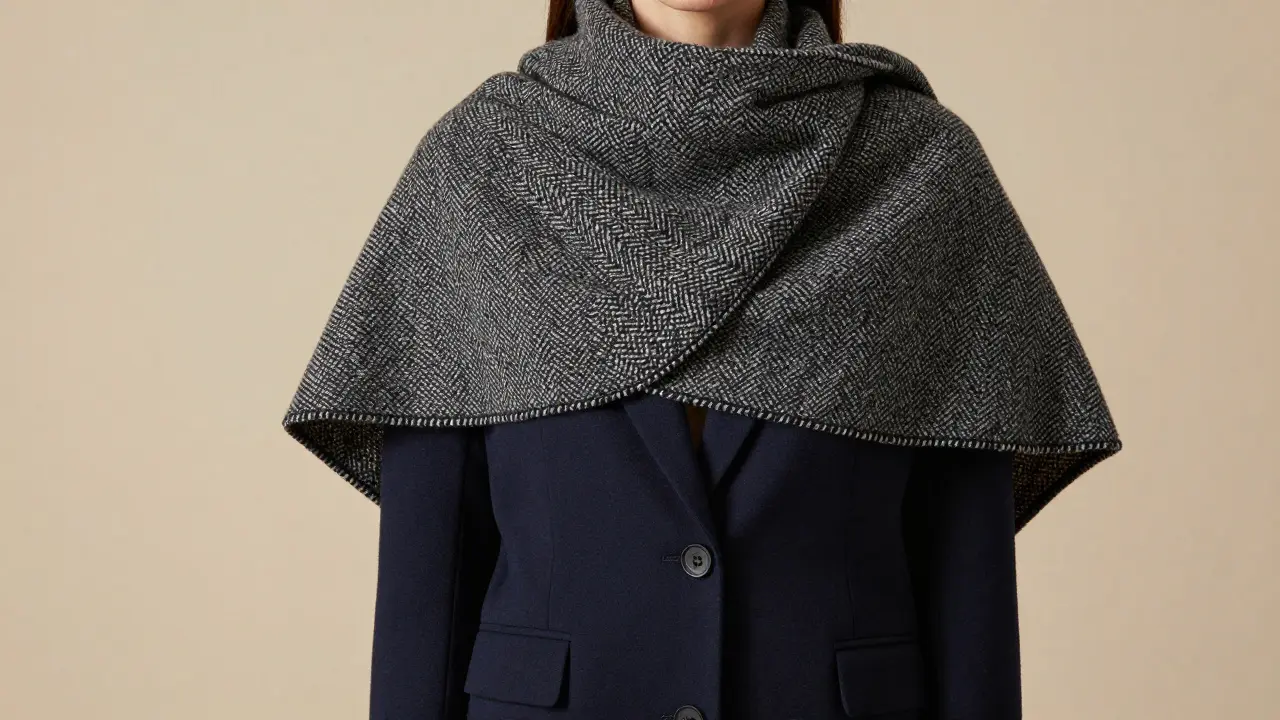 Model draping a structured tweed shawl fold over a tailored blazer