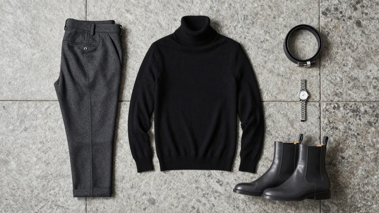 Monochromatic outfit with leather boots, watch, and belt on stone