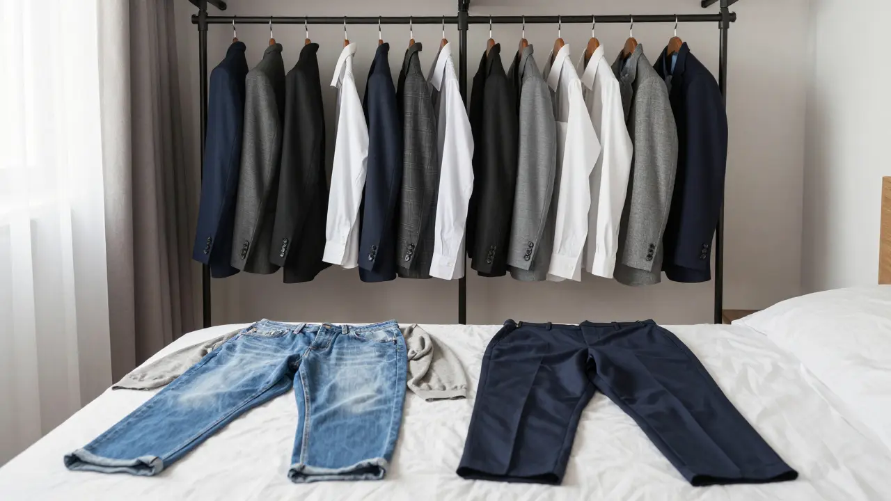 Organized closet with neutral capsule wardrobe pieces and pre-planned outfits.