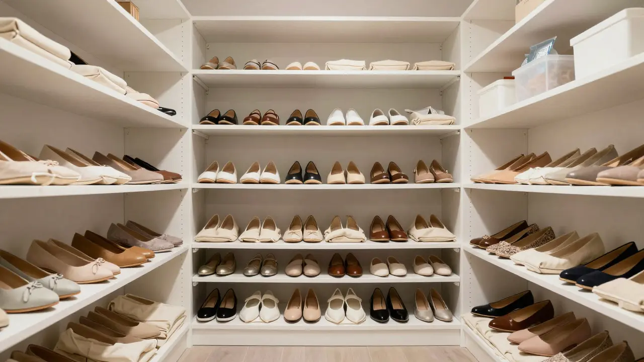 Organized closet with shoes stored on elevated shelves