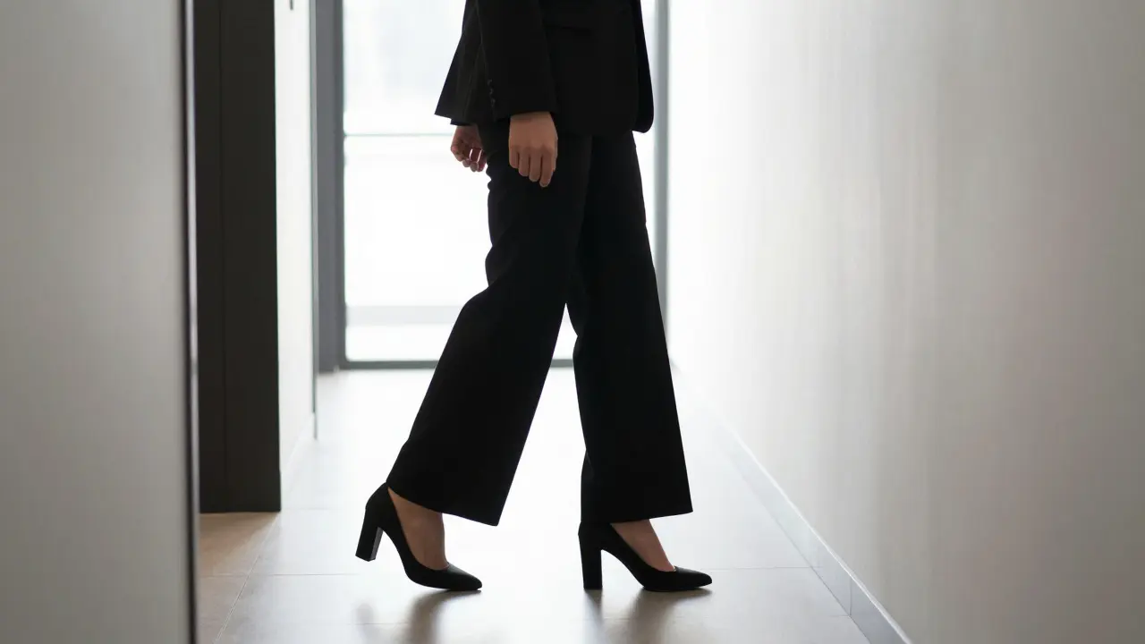 Person in tailored black wide-leg pantsuit walking in block heels
