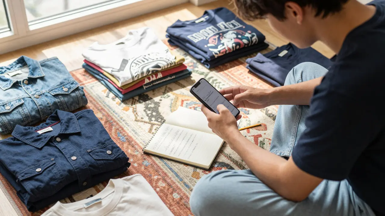 Person researching vintage clothes and typing offers on smartphone