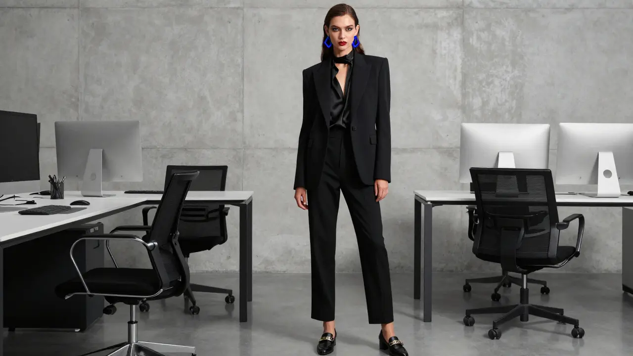 Professional edgy outfit with tailored blazer and bold red lipstick