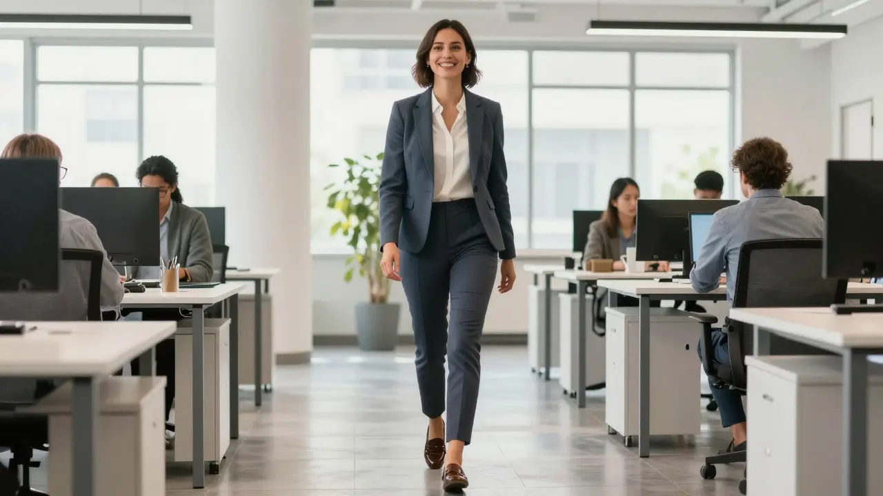 Professional woman in comfortable attire walking confidently in an office.