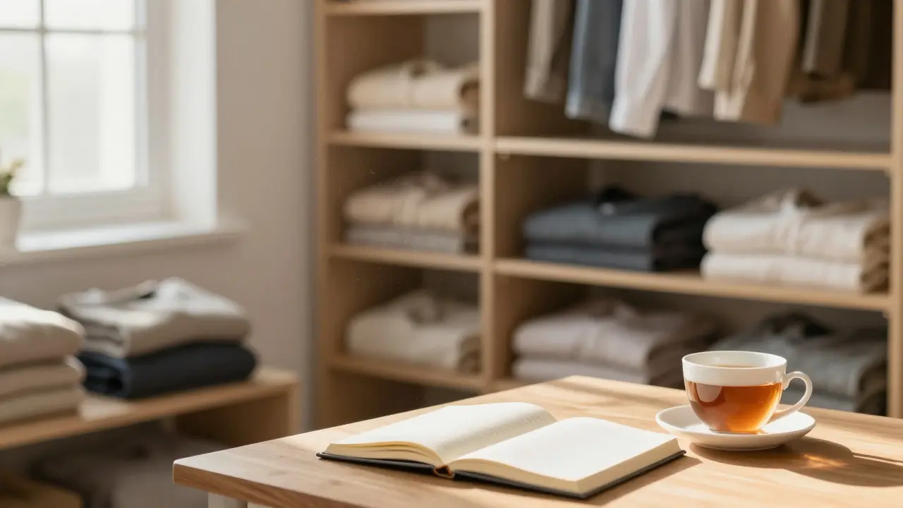 Serene organized closet with sunlight and journal for mindful living