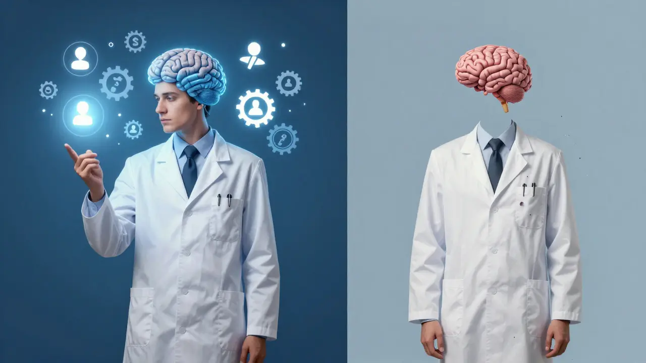 Split illustration of lab coats symbolizing focused vs creative mindsets.