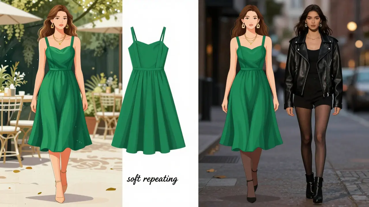 Split view showing same dress styled differently for day and night events