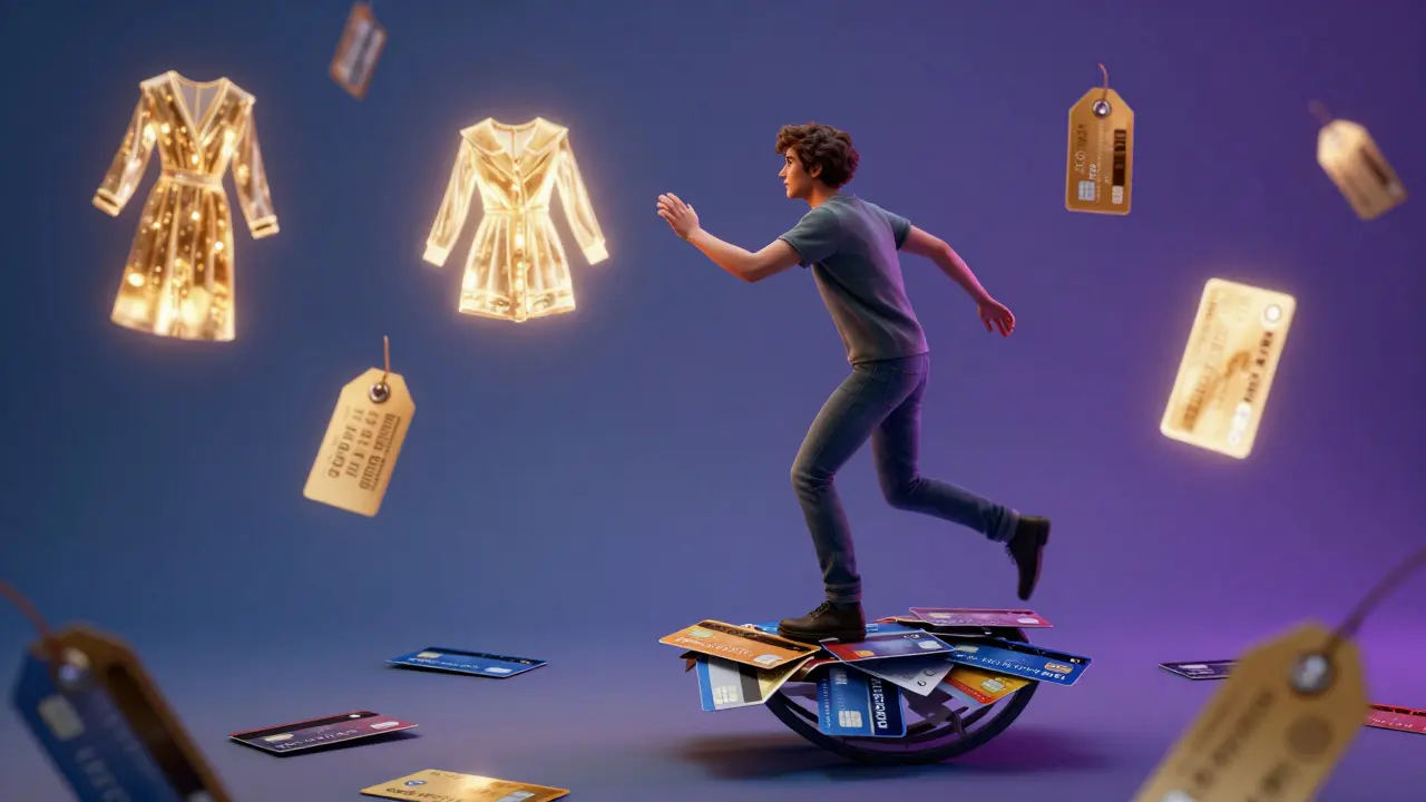 Surreal art of person on credit card wheel chasing glowing clothes
