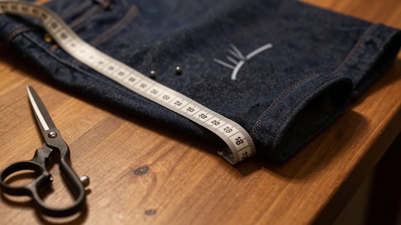 Tailor's tools and measuring tape on dark denim trousers for alteration