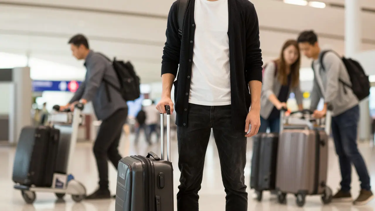 Traveler with small carry-on bag at airport gate