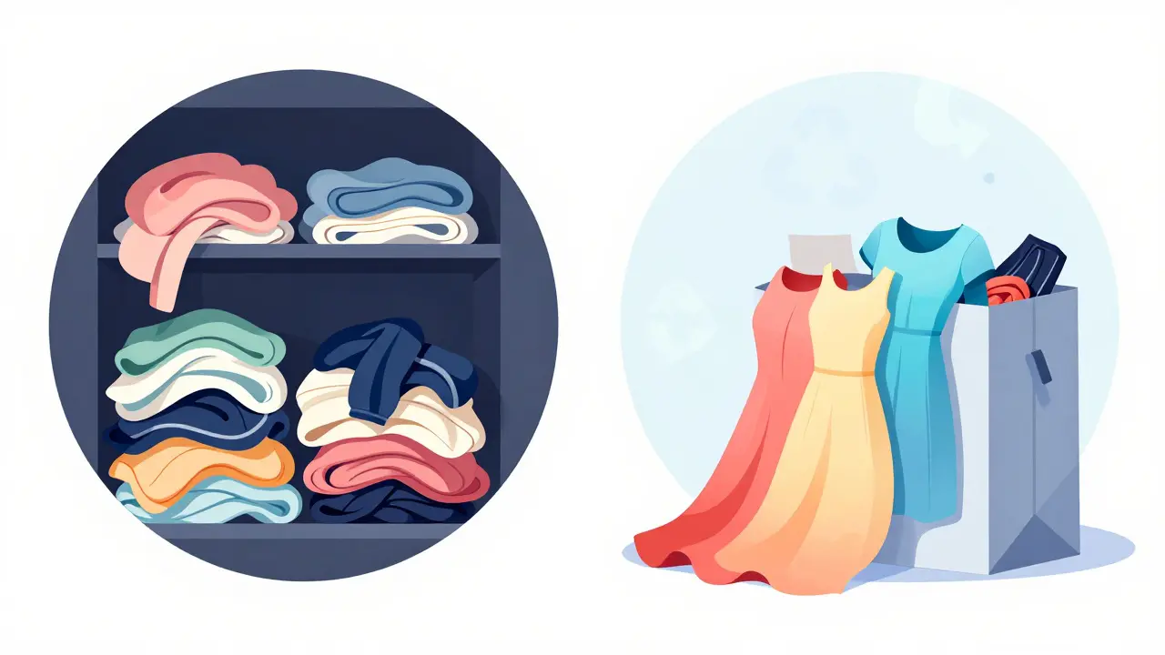 Visual metaphor comparing cluttered closets to sustainable clothing rental