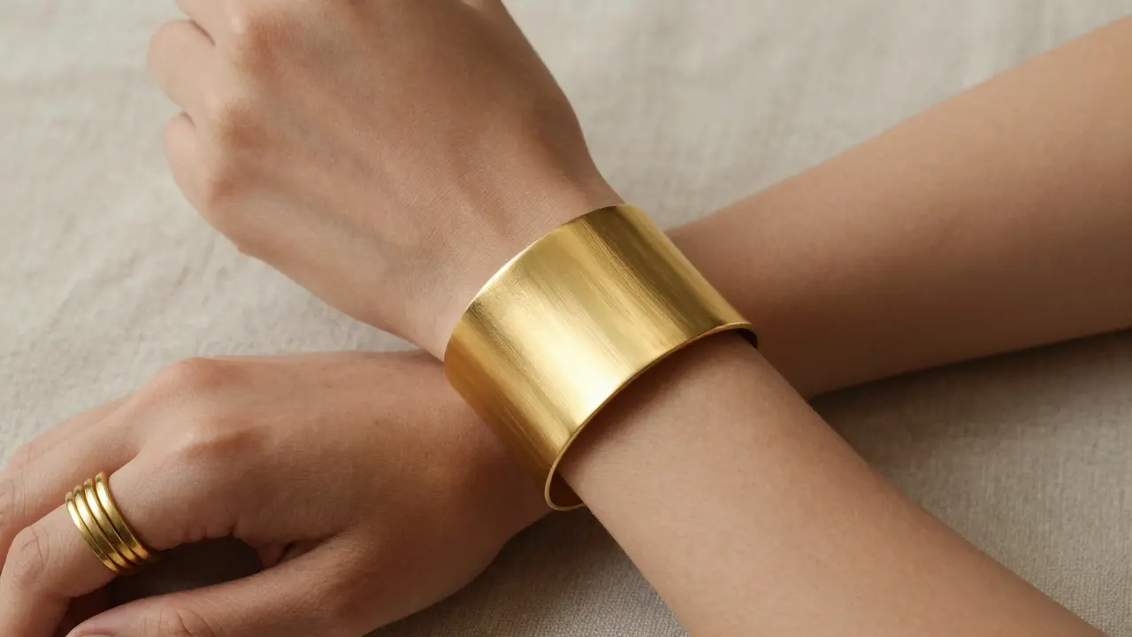 Wide cuff bracelet and balanced rings styled on larger wrists