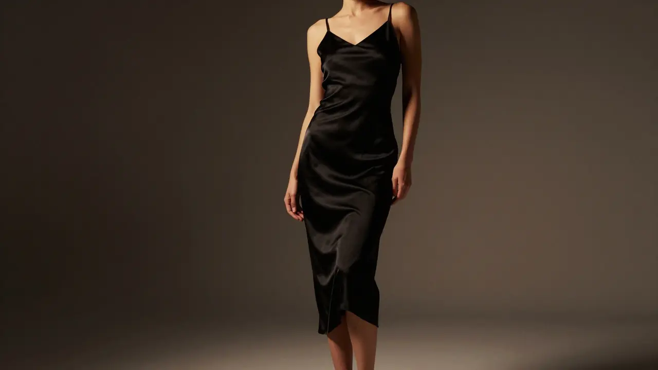 Woman in a black bias-cut satin slip dress posing elegantly