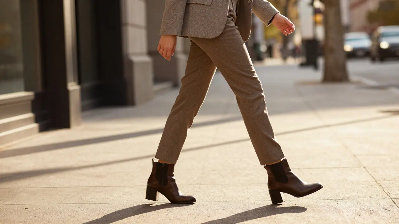 Woman walking confidently in stylish block heel boots