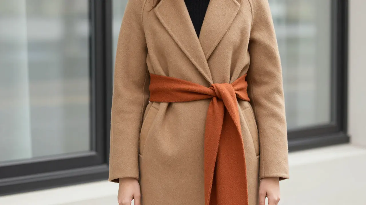 Woman wearing an oversized coat with a thin orange scarf tied at the waist