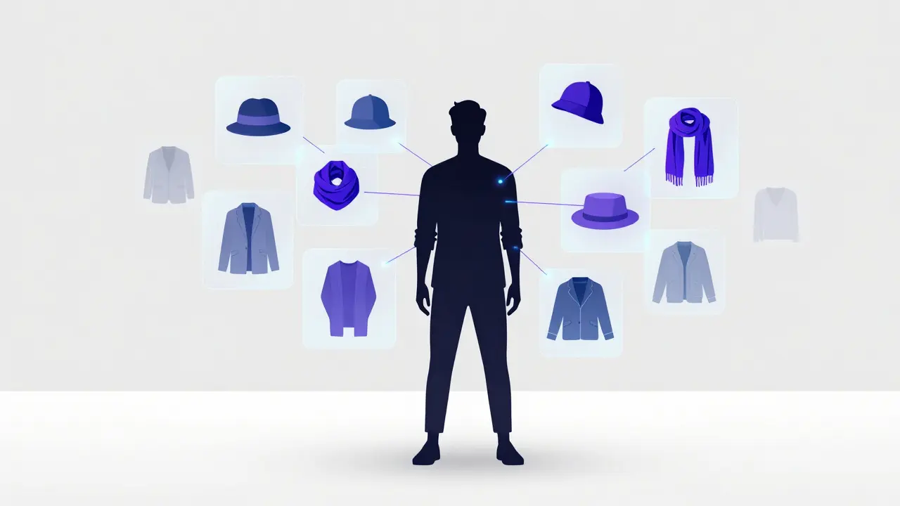 Abstract illustration of a figure surrounded by holographic fashion accessories