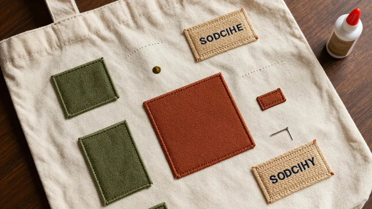 Canvas tote bag decorated with earth-toned embroidered patches