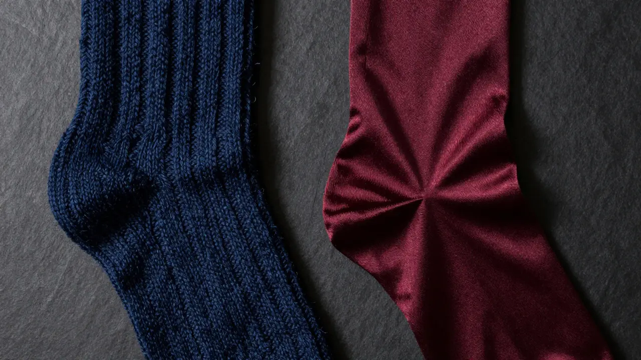 Close up comparison of chunky knit wool and smooth silk blend socks