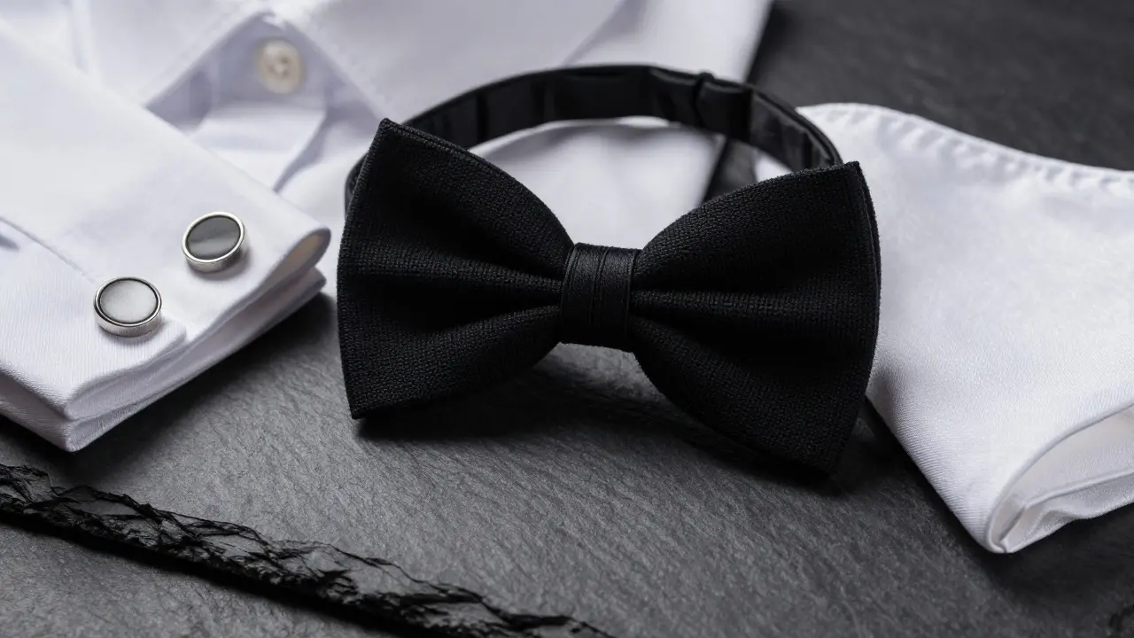 Close up of black knit bow tie, white shirt cuffs, and silver studs
