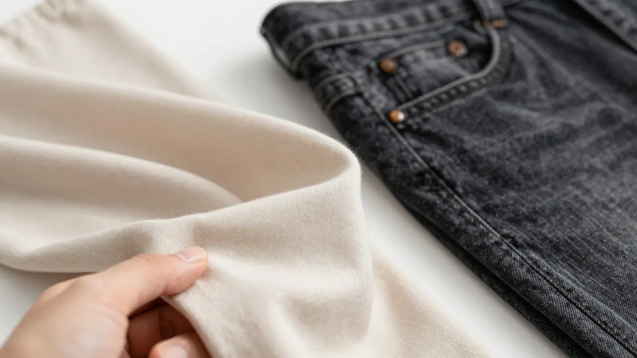 Close-up of hands stretching elastic merino wool and draping Tencel fabric next to denim jeans.