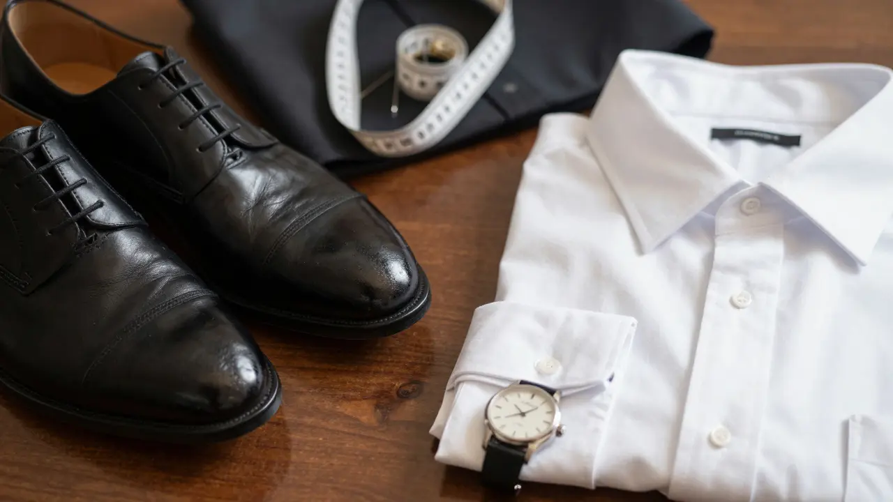 Close-up of polished shoes, crisp shirt, and watch highlighting professional grooming details.