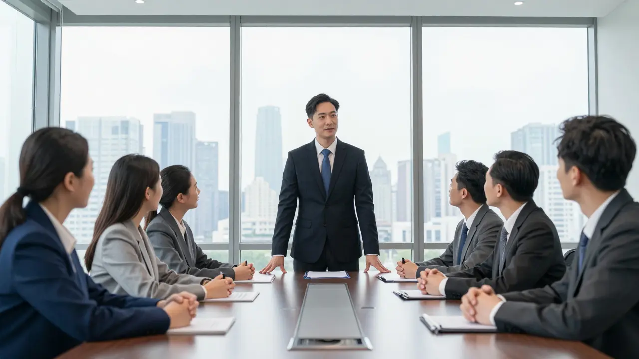 Confident leader in formal wear addressing colleagues in a modern boardroom meeting.