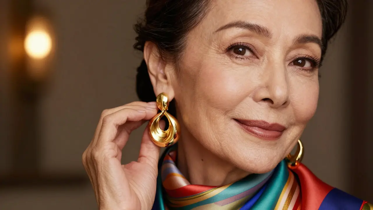 Elegant woman wearing sculptural gold earrings and vibrant silk scarf