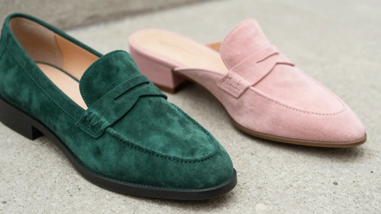 Emerald green suede loafers and pink pointed mules on concrete