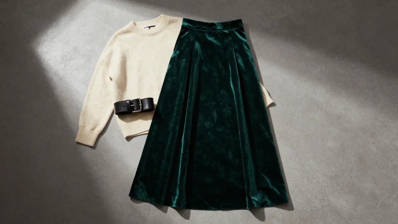 Emerald velvet skirt and cream wool sweater showing textural contrast
