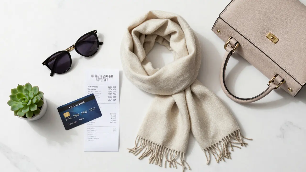 Fashion items and credit card on marble surface symbolizing savings