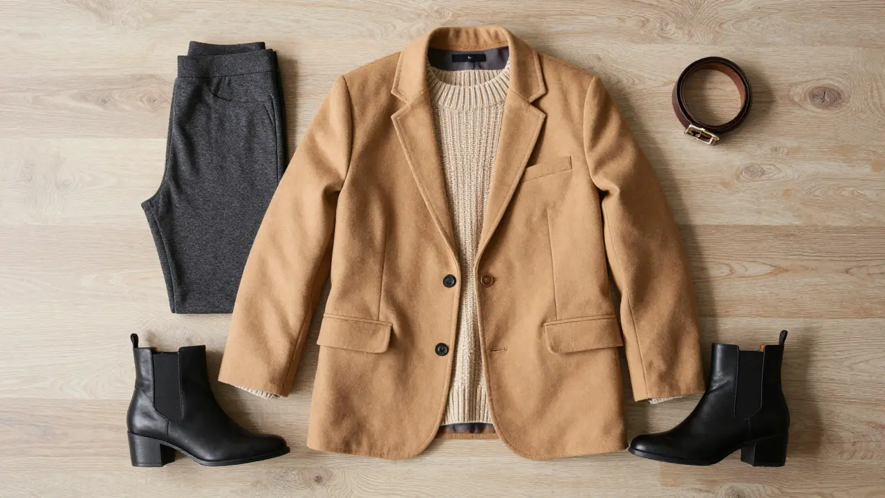 Flat lay of a camel oversized blazer layered with cozy knitwear and boots.