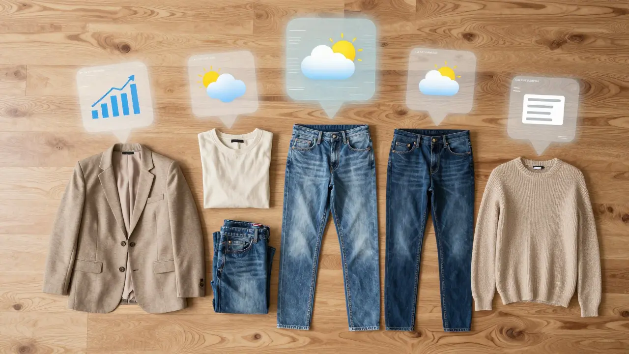 Flat lay of capsule wardrobe with digital data icons