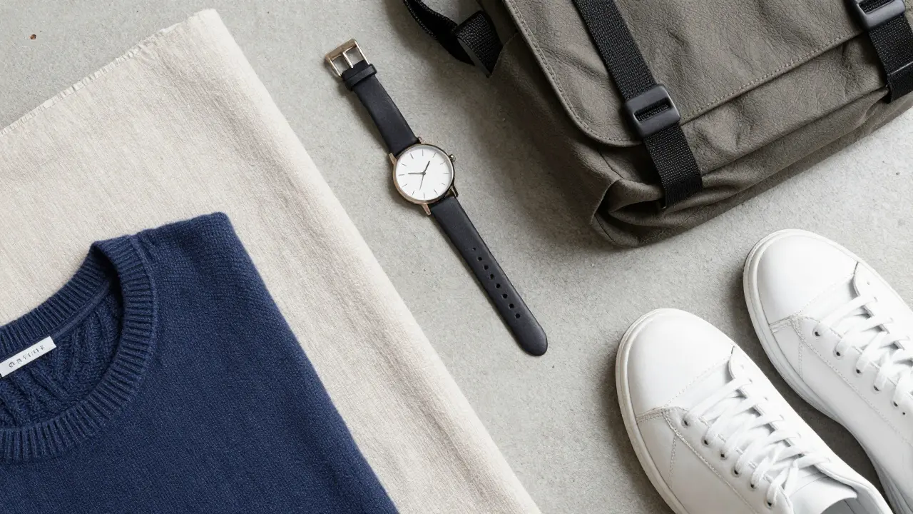Flat lay of merino wool, cotton blends, minimalist watch, and white leather sneakers