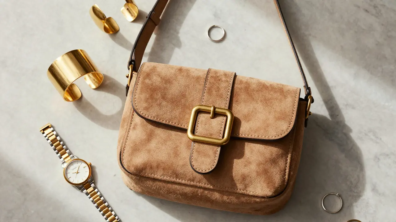Flat lay of mixed metal jewelry with a tan suede bag