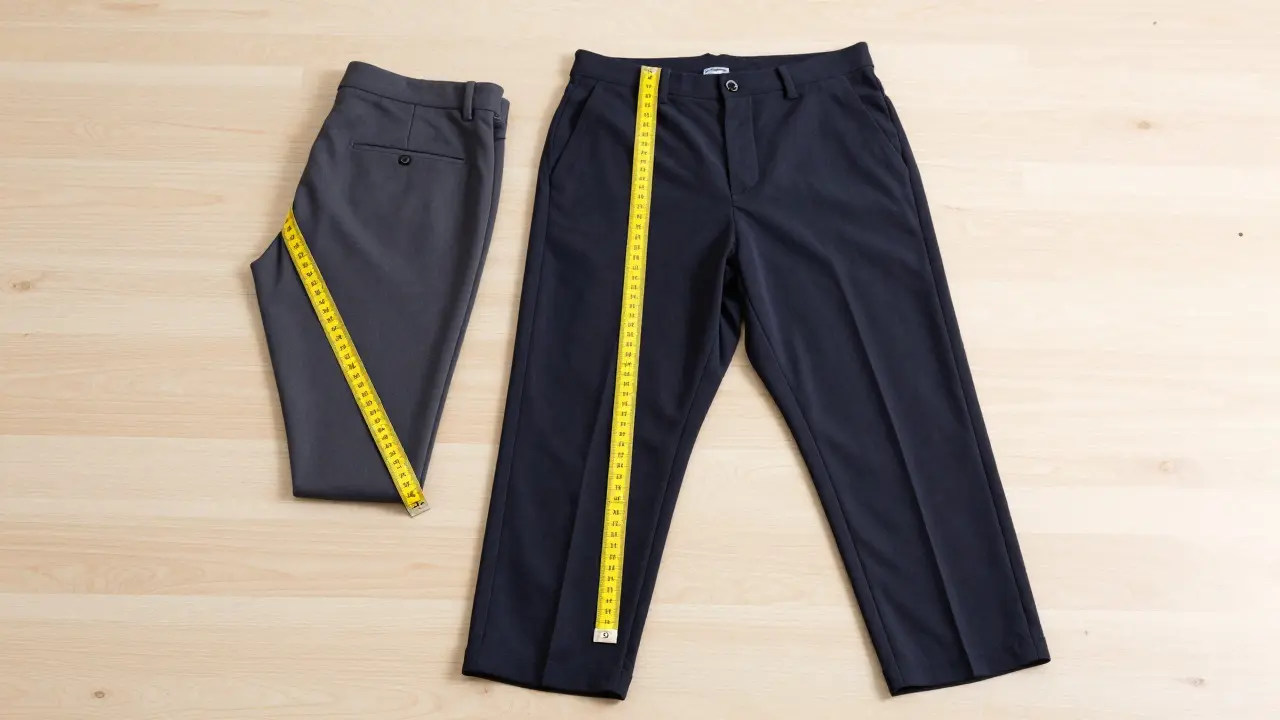 Flat lay of pants being measured for inseam