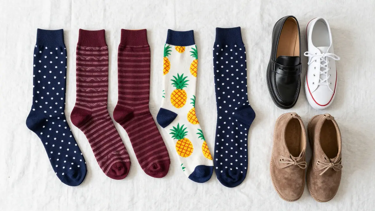 Flat lay of patterned socks and various shoes on a linen background