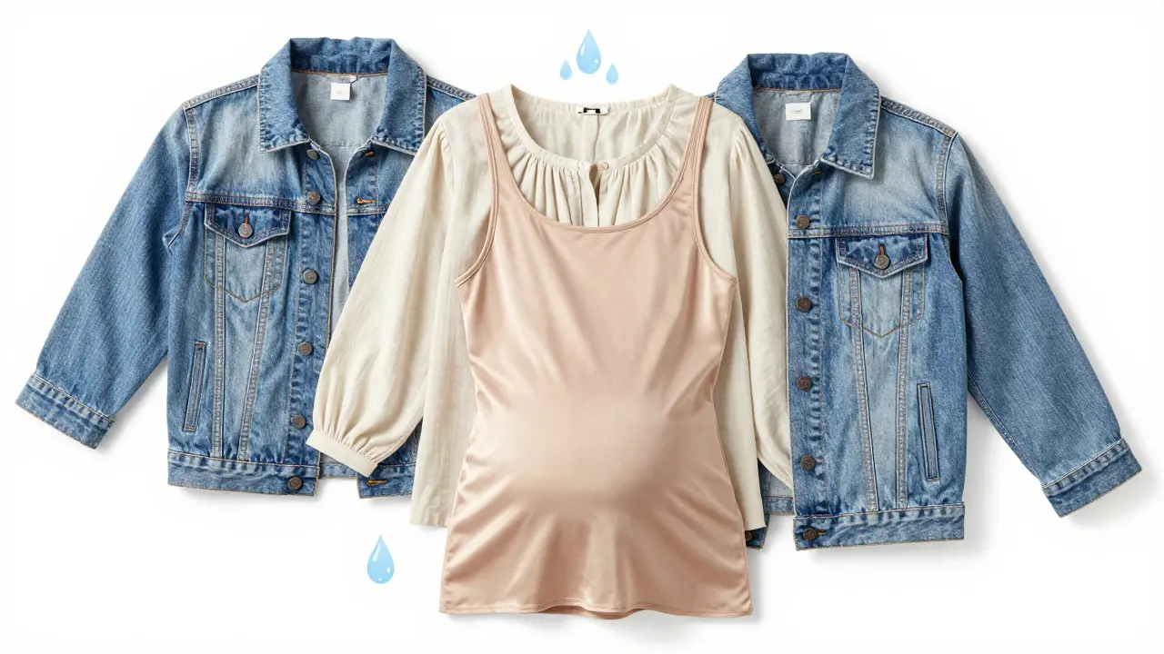 Flat lay of three-layer maternity outfit showing base, middle, and shell